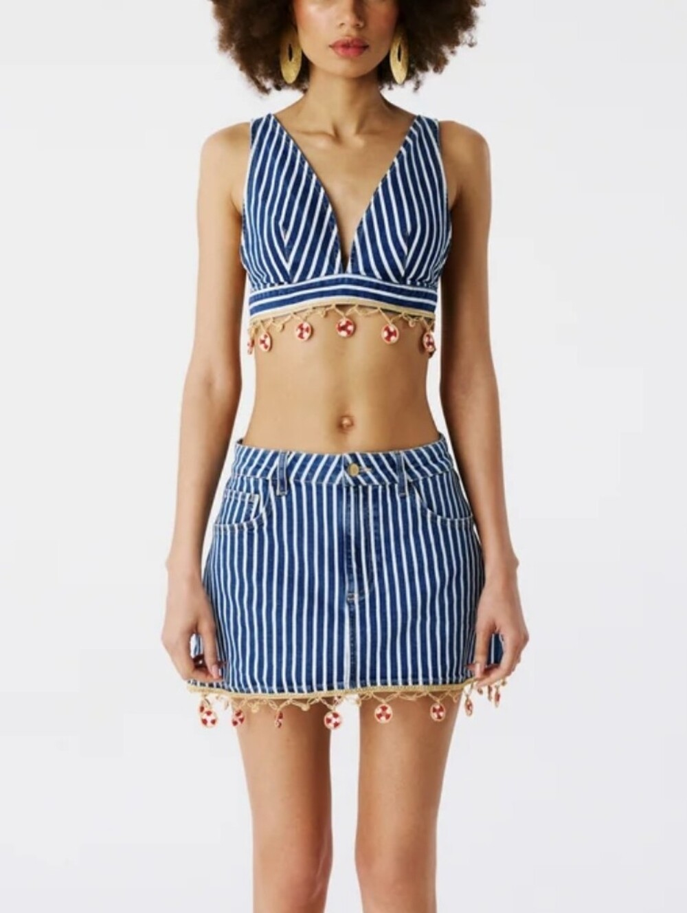 My Beachy Side Raven Mini Skirt + Top 2-PC Set Denium Striped Nautical L NWT